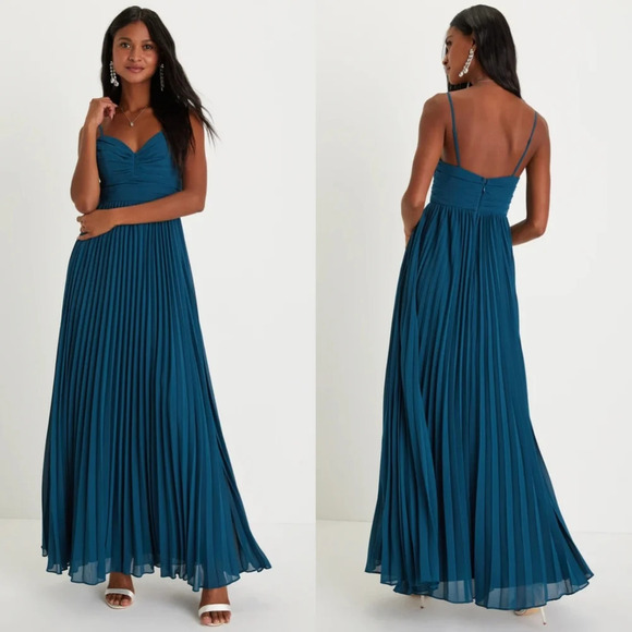 Lulus Sensational Charmer Teal Blue Pleated Sleeveless Maxi Dress M Wedding Prom - Picture 1 of 9